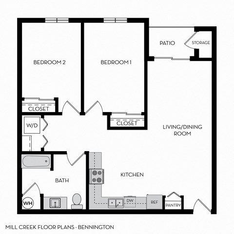 Floor plan for 2 beds, 1 bath, 1054 sqft